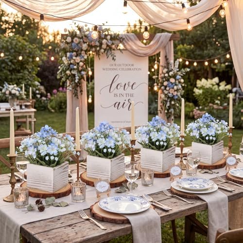 Leinuosen 16 Pcs Wedding Centerpieces Decor Set 8 x 4-inch Rustic Wood Cube Planter Box with 8 x Natural Wood Slices Tabletop Floral Arrangements for Baby Shower Home Garden Decorations(White) - Image 4