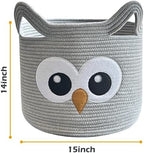 VK VK·LIVING Owl Storage Basket for Gift Foldable Cute Nursery Animal Toy Basket with Handles, Large Cotton Rope Baby Laundry Storage Organizer for Blanket Towels in Living Room Bedroom 15"Lx14"H - Image 3