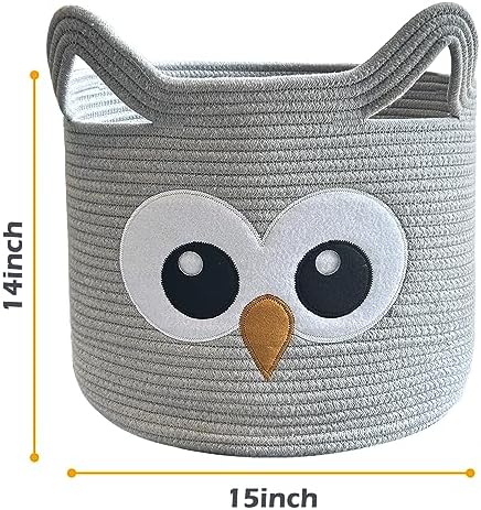 VK VK·LIVING Owl Storage Basket for Gift Foldable Cute Nursery Animal Toy Basket with Handles, Large Cotton Rope Baby Laundry Storage Organizer for Blanket Towels in Living Room Bedroom 15"Lx14"H - Image 3