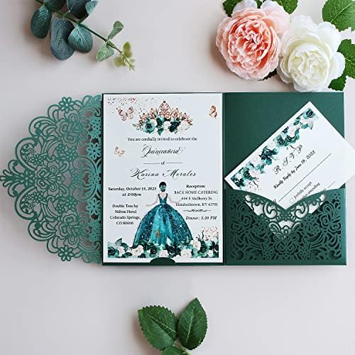 Hosmsua 50PCS Personalized Emerald Green Laser Cut Quinceanera Invitation Pocket, 5.12 x 7.2 Laser Cut Lace Flora wedding Invitation with Envelopes for Sweet 16, Mis XV, Quince Invitation - Image 2