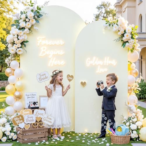 Ivory and Champagne Arch Backdrop Cover 7.2FT 6FT Wedding Arch Covers Set of 2 Arches Covers Stretchy Backdrop Spandex Fitted Double-Color Fabric Backdrops for Party Baby Shower Birthday Decoration - Image 3