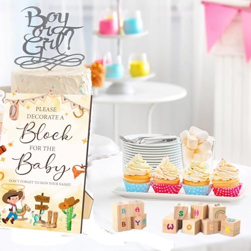 97 Pcs Baby Shower Game Sign Set Includes Decorative Square Signs 56 DIY Blank Wooden Blocks 20 Fabric Pens Baby Shower Game Prizes(Cowboy) - Image 6