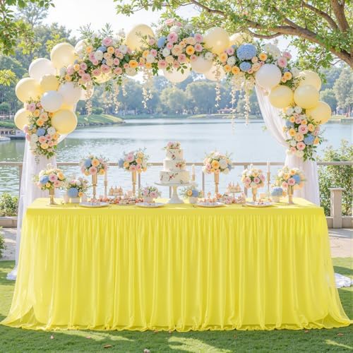 Yellow Tulle Tablecloth for 8 Foot Rectangular Tables 8ft Yellow Rectangle Table Cloth Wrinkle Free Table Cover with Tutu Skirt for Birthday Cocktail Banquet Buffet Lemon Citrus Fruit Party Decoration by Suppromo