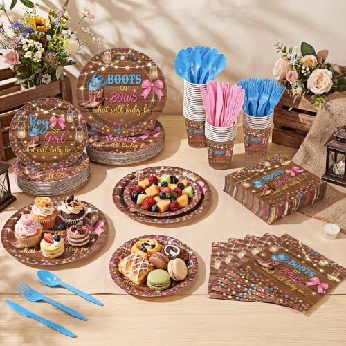 400 Pcs Boots or Bows Gender Reveal Party Decoration for 50, Gender Reveal Plates Napkins Cups Cutlery Pink Blue Western Disposable Tableware for Boy or Girl Baby Shower Party Supplies - Image 4