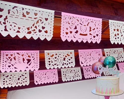 Pink/White Girl Baby Shower Party Banners - Pink Baby Shower Decorations Fiesta Papel Picado Paper Garland, Streamers Features Rocking Horses, Babies, Baby Bottles and Heart Designs 5pack/60 feet by PapelPicadoFiestaBanners