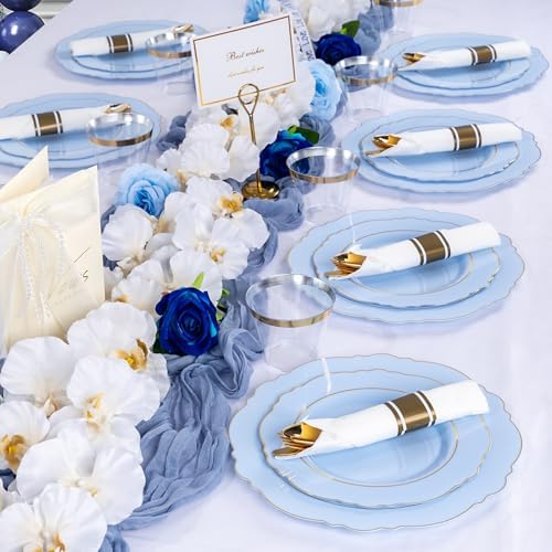 Liacere 350PCS Blue Plastic Plates - Disposable Blue and Gold Plates 50guest Baroque Plastic Dinnerware include 100Plates, 50Pack Pre Rolled Napkins with Silverware 50Cups for Wedding&Party - Image 2