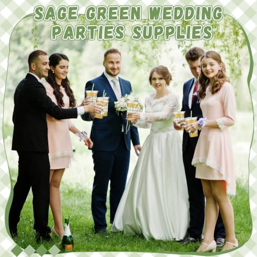 Funnymoom 50 Sets 20 oz Sage Green Gingham Plastic Cups with Lids & Straws - Image 4