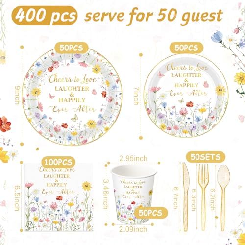 Pickmesh 400 Pcs Floral Bridal Shower Party Supplies Paper Plates Serve 50 - Image 2