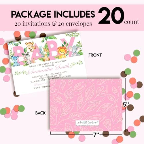 Custom Baby Shower Invites Pink Watercolor Jungle Invitations 20 5x7 Custom Personalized Watercolor Safari Jungle Invitations With Envelopes - Unique Girl Watercolor Safari Jungle Baby Shower Cards - Image 4