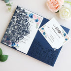 Hosmsua 50PCS Navy Blue Laser Cut Wedding Invitation Pocket, 5.12 x 7.2 Flora Invitation Pockets with Envelopes for Wedding Bridal Shower Sweet 16 Invite (No Inner Sheet) - Image 6