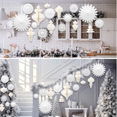 Cinnvoice 28 Pcs Snowflake Fans and Honeycomb Balls Winter Wonderland Decor - Image 6