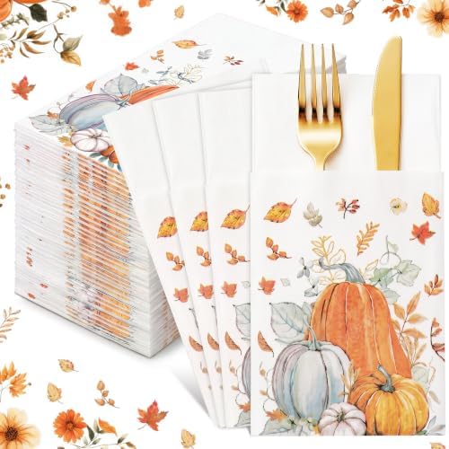 Potchen 100 Pcs Linen Feel Napkins Disposable, Fall Pumpkins by Potchen