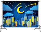 20x10ft Moon Stars Clouds Backdrop Super City Cartoon Paper Cut Hero Photography Backdrop Skyscraper Urban Light Girl Boy Birthday Baby Shower Party Photo Studio Props - Image 4
