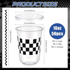 LemonRoad 50sets 16oz Checkered Cups Race Car Birthday Party Decorations Supplies Plastic Cups Disposable with Lids and Straws for Racing Themed Party Christmas Birthday Wedding Baby Shower Decoration - Image 3