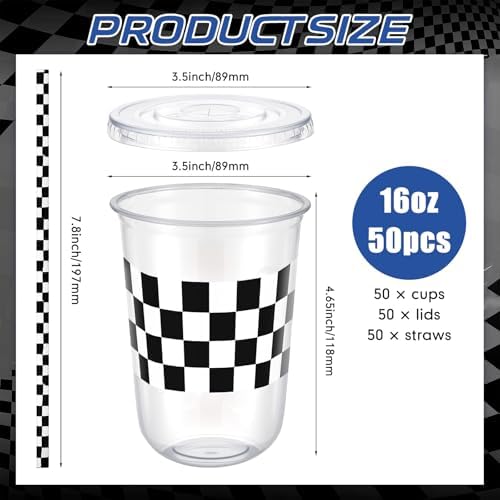 LemonRoad 50sets 16oz Checkered Cups Race Car Birthday Party Decorations Supplies Plastic Cups Disposable with Lids and Straws for Racing Themed Party Christmas Birthday Wedding Baby Shower Decoration - Image 3