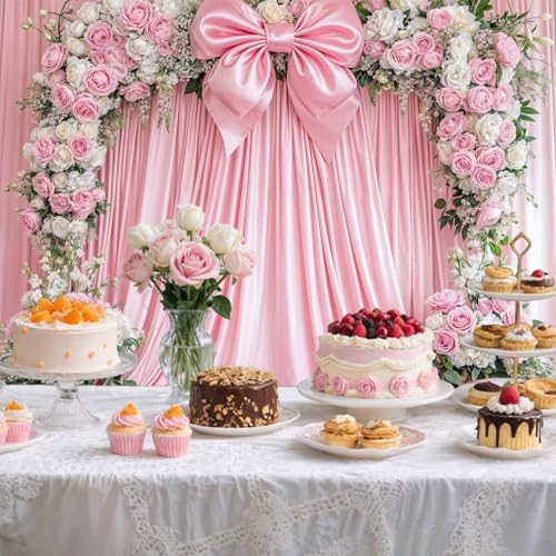 12x8ft Pink Bow Backdrop Floral Coquette Flowers Photography Background for Girls Women Birthday Party Decorations Wedding Bridal Backdrops Banner Photo Booth Props - Image 3