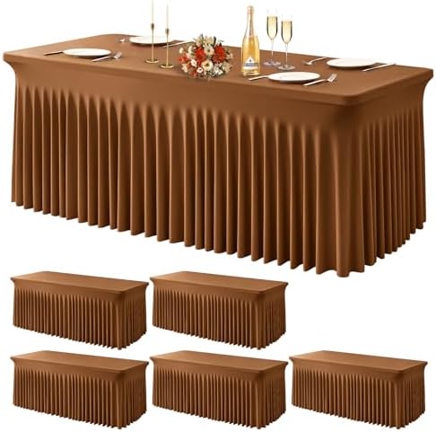 Wish Care 6 Pack Brown Spandex Table Clothes for 8 Foot Rectangle Tables, 8FT Wrinkle Free Fitted Tablecloths Ruffles Design Table Cover for Party, Banquet, Wedding and Events by WishCare