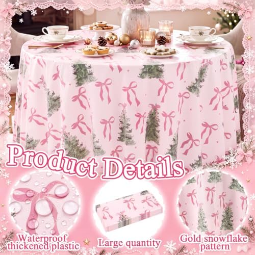 Ganeen 12 Pcs Christmas Tree Pink Bow Tablecloth Disposable Plastic Xmas - Image 2