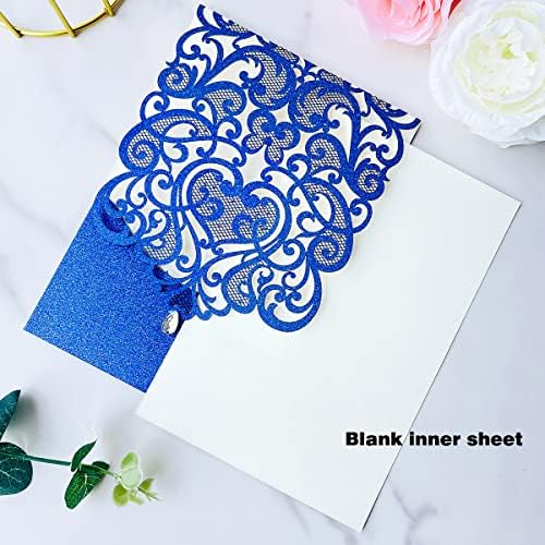 Hosmsua 50PCS Wedding Invitations Cards 5 x 7.3 Inch Laser Cut Hollow Rose Invitation with Rhinestone for Bridal Shower Engagement Quinceañera (Royal Blue Glitter) - Image 2