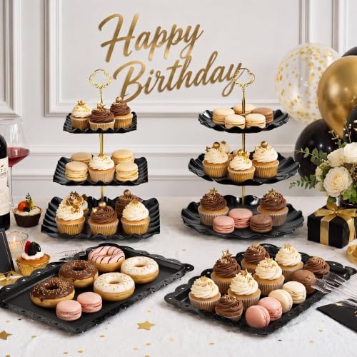 Lzerking Black Gold Dessert Stand Set 13PCS, 6 Tiered Cupcake Display Towers with 4 Serving Trays and 3 Tongs, Round & Square Dessert Holders for Wedding Birthday Graduation Baby Shower Decor - Image 2