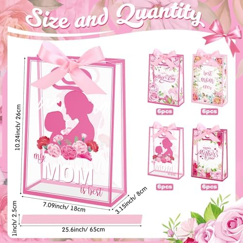 Capoda 24 Pack Mother's Day Bags with Handles, Large Floral Reusable PP Plastic Goodie Bags, Pink Rose Party Favor Bag for Mom Brunch, Classroom, Church, Candy Treats & Small Gifts - Image 2