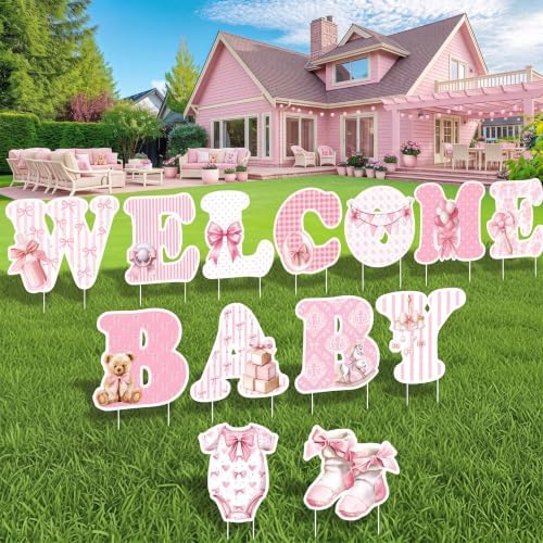 Ripeng 13 Pcs Bow Baby Shower Decorations Welcome Baby Yard Signs with Stakes 15 Inch Tall Lawn Signs for Gender Reveal Theme Birthday Party Indoor Outdoor Supplies by Ripeng