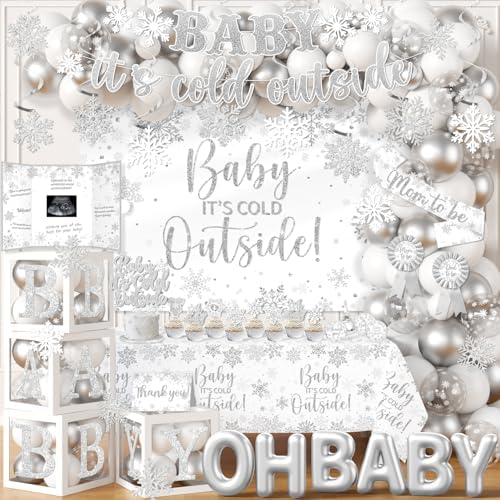 Baby It’s Cold Outside Baby Shower Decorations - 211Pcs Silver Snowflake Winter Wonderland Balloon Arch Garland Set,Christmas Winter Baby Shower Party Supplies by CMUSKO