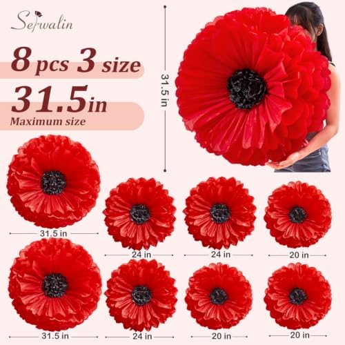 Serwalin 8 Pcs 31.5"*24"*20" Red Giant Paper Flowers Decorations for Wall - Image 2