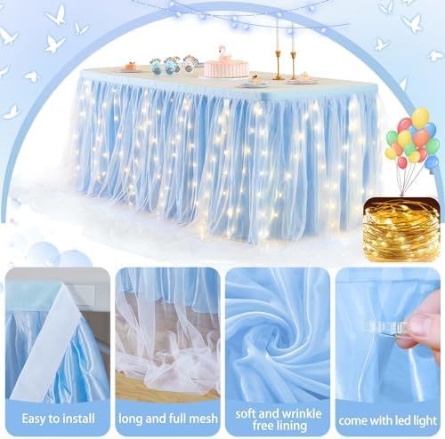 PARTISKY Blue Tulle Tutu Table Skirt for Rectangle Tables or Round Table,Led Light String Table Cloth for Boys Girls Baby Shower Baby Shark Themed Party Dessert/Cake Tables - Image 5