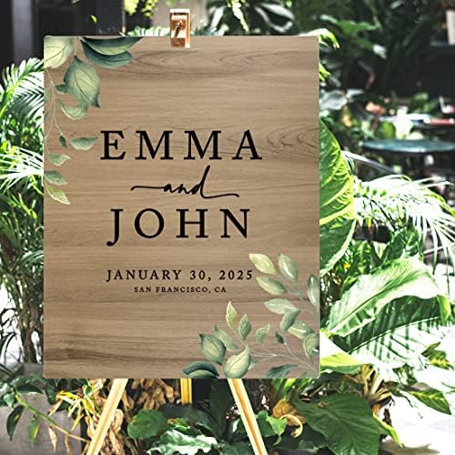 Andaz Press Large Wooden Welcome Sign for Wedding, Rustic Welcome Sign 16" x 20" Custom Names Greenery Leaves Wedding Signage English Oak MDF Wood Finish Wedding Reception Indoor Outdoor Signs - Image 4