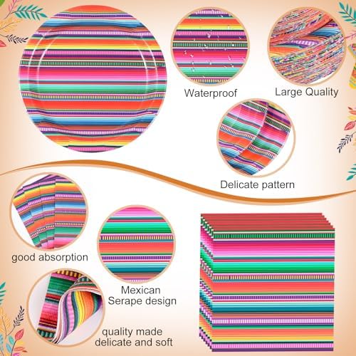 Funnymoom 452 Pcs Mexican Party Decoration for 50 Guest, Mexican Serape Fiesta Paper Plates Napkins Cups Tablecloth Cutlery Straws Taco Disposable Tableware Set for Mexico Birthday Party Supplies - Image 3