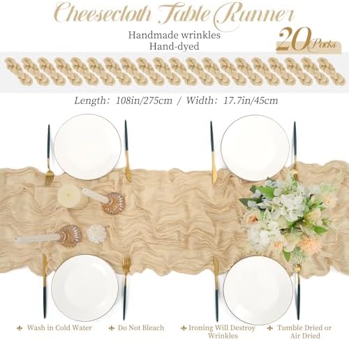 Teruntrue 20 Pack Beige Cheesecloth Table Runner 17x108 Inch, Boho Gauze Sheer Fabric Cheese Cloth Table Runners for Wedding Party Bridal Shower Baby Shower Birthday Home Decor Garden Farmhouse - Image 2