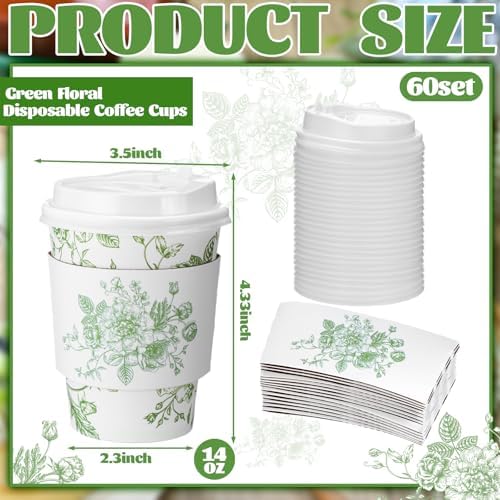 Vesici 60pcs 14oz Green Disposable Coffee Cups with Lids and Sleeves - Image 2