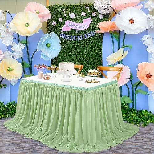 Sage Green Table Skirt 14FT Chiffon Table Skirting 2 Layer Rectangle Green Tablecloth for Birthday Baby Shower Wedding - Image 6