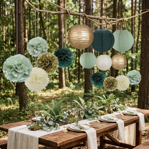 Aptliton 30 Pcs Sage Green Gold White Tissue Paper Pom Poms & Lanterns - Image 4