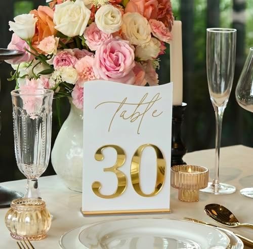 Gold Mirrored Acrylic Wedding Table Numbers 1-30 Set, Self-Standing Modern Arched Signs for Reception Seating, Anniversary & Bridal Shower, Elegant Wedding Decor (5x7 Inches) by Ourholiday