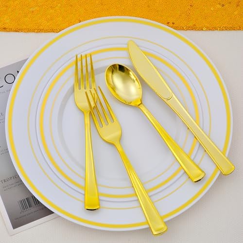 400PCS Gold Plastic Silverware, Gold Disposable Utensils, Heavy Duty Cutlery Set Includes 200 Forks,100 Knives,100 Spoons, Flatware for Party Wedding - Image 6