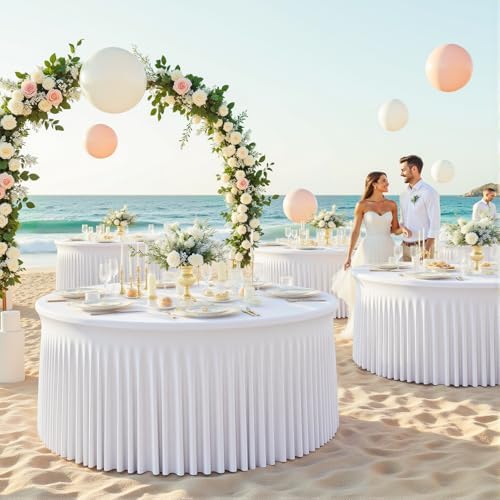 6 Pack White Round Spandex Tablecloths, 5FT/60In Stretchy Table Cloth with Skirt, Washable Fitted Tablecloth, Circle Wrinkle Free Table Cover for Wedding Party Birthday Outdoor Event - Image 5