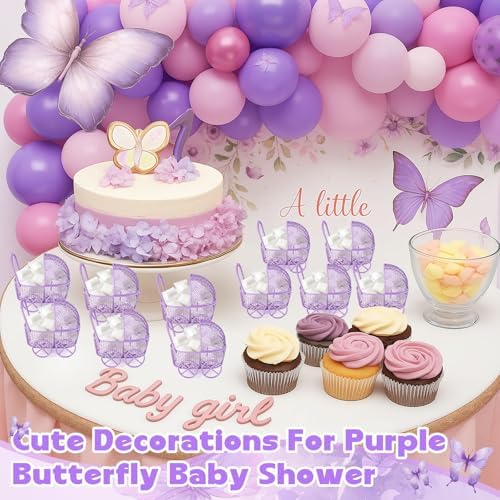 Threehoney 24 Pcs Baby Shower Mini Carriage Decoration Metal Wired Fillable Candy Stroller Baby Shower Table Centerpiece for Guest Gender Reveal Wedding Party Favor Gift (Purple) - Image 6