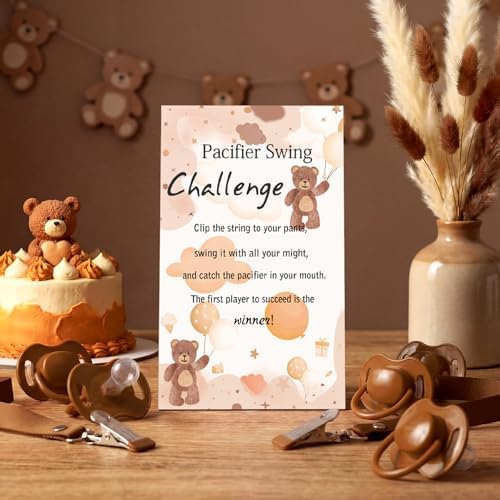 Geelin 12 Sets Swing Pacifier Baby Shower Games Funny Gender Reveal Games, Include 1 Wooden Sign and 12 Plastic Pacifiers for Bridal Baby Shower Gender Reveal Party Women Men(Bear,Brown) - Image 2