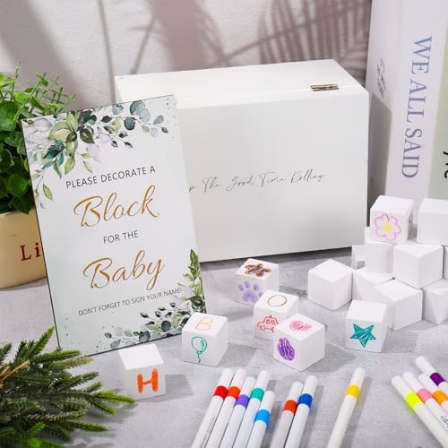 Whaline 74 Pcs Baby Shower Game Kits Watercolor Leaves Wooden Display Sign Storage Box Blank Building Blocks Colorful Markers for Birthday Party DIY Crafts Supplies - Image 5