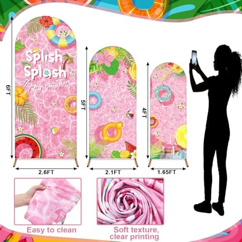 Chunful 3 Pcs Splish Splash Birthday Party Decorations Summer Pool Backdrop Arch Cover Cute Happy Birthday Party Decorations for Swimming Pool Photo Background Decor 6 ft/5 ft/4 ft(Pink-Green) - Image 4