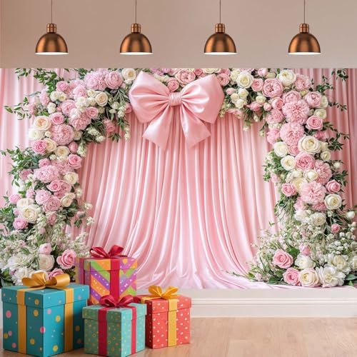 10x8ft Pink Bow Backdrop Floral Coquette Flowers Photography Background for Girls Women Birthday Party Decorations Wedding Bridal Backdrops Banner Photo Booth Props - Image 5