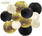 NICROLANDEE Black Gold Party Decorations - 12PCS Black Gold White Tissue Paper Pom Poms and 12PCS Metallic Foil Paper Lanterns for Wedding, Birthday, Graduation Décor, Prom, Festival Decorations - Image 2