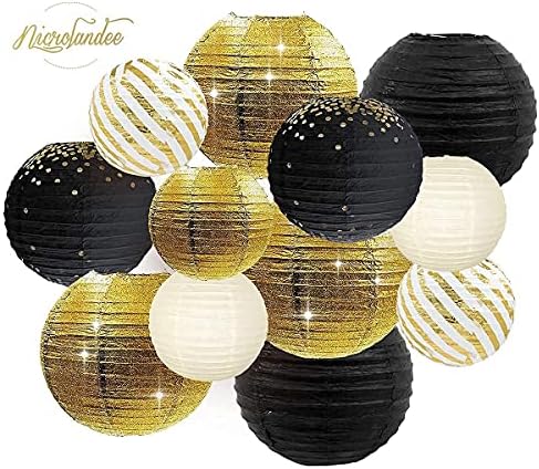 NICROLANDEE Black Gold Party Decorations - 12PCS Black Gold White Tissue Paper Pom Poms and 12PCS Metallic Foil Paper Lanterns for Wedding, Birthday, Graduation Décor, Prom, Festival Decorations - Image 2