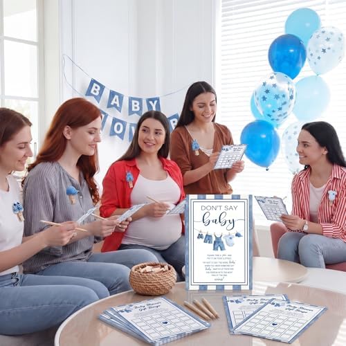 Foilswirl 321 Pcs Blue Jeans Baby Shower Game Supplies Include 250 Activity Cards 20 Pencils 1 Don't Say Baby Sign' 50 Clothespins for Price Prediction Bingo Game Party Decor - Image 6