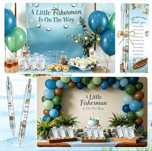145 Pieces Fishing Baby Shower Favors for Guest A Little Fisherman Is On The Way Ballpoint Pens and Keychains Gifts Bulk Retractable Baby Shower Pens Gender Reveal Greeting Cards Souvenirs Prizes - Image 6
