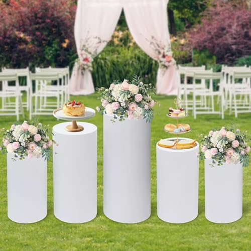Cylinder Stands For Party 5Pcs, 13-15.7In Width White Cylinder Display Pedestals Stand For Party Round Cake Stand Cylinder Pedestal Wedding Birthday Decor Pillars Decorations by LIECARYAM