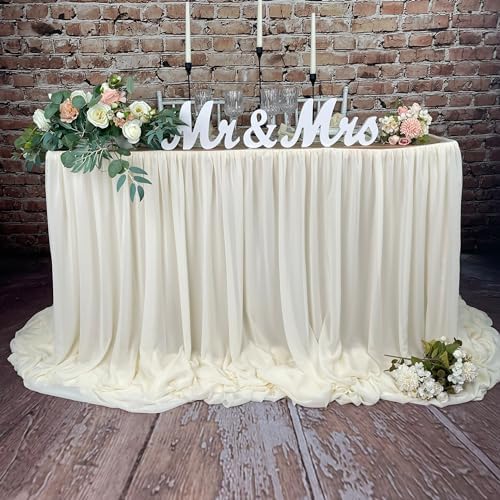 Pooling and Floating Chiffon Table Skirt with extra length, 6FT 9FT 14FT Sheer Tablecloth, Baby Shower, Birthdays Party, Main Cake Table Decoration, Wdding Table Skirt (Ivory, 9FT) - Image 2