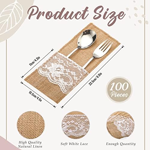 Windyun 100 Pcs Burlap Utensil Pouches Silverware Holders with Lace - Image 2